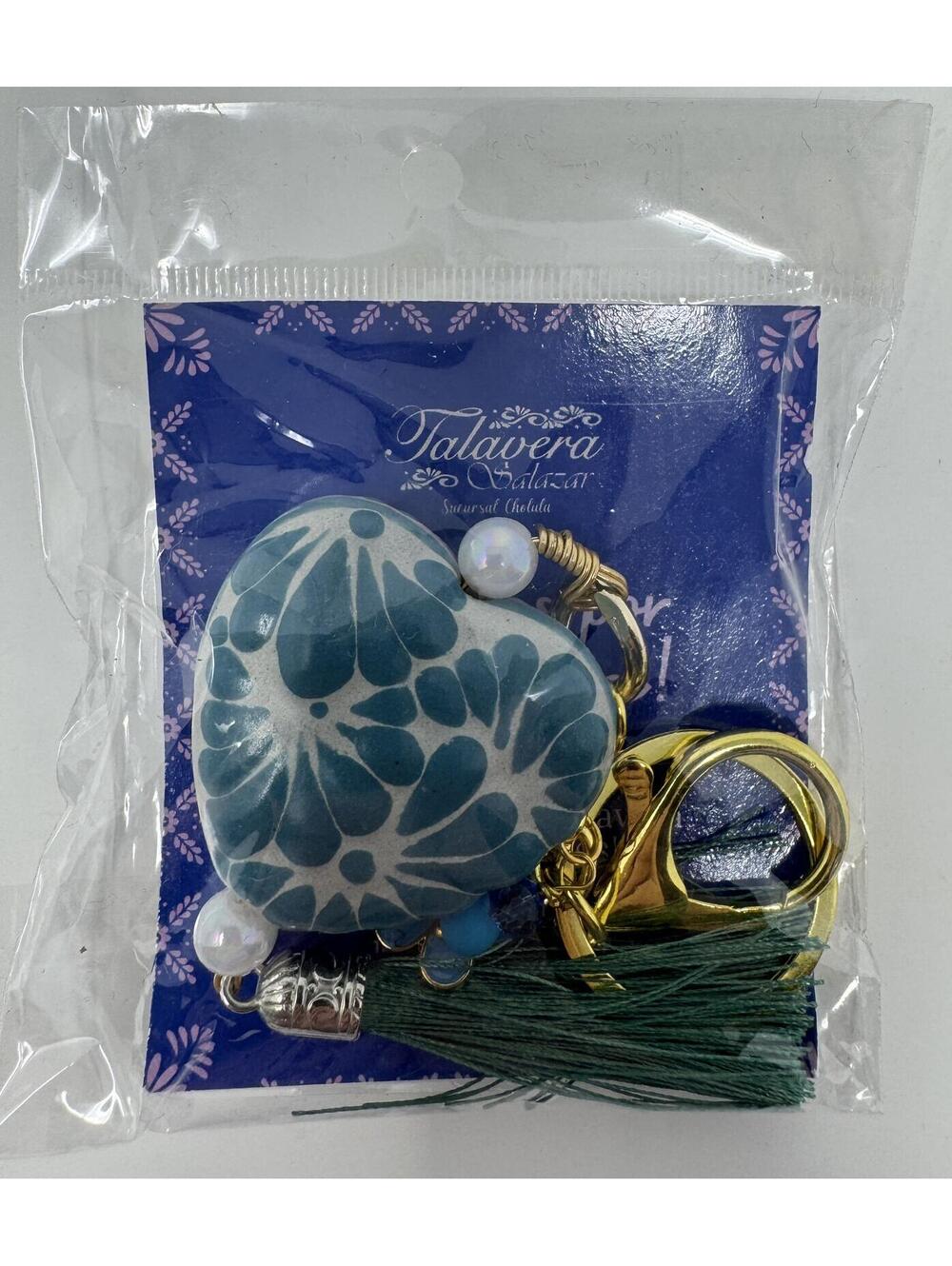 Talavera Heart Keychain Mexican Ceramic Key Ring Blue & White Bag Charm Pottery
